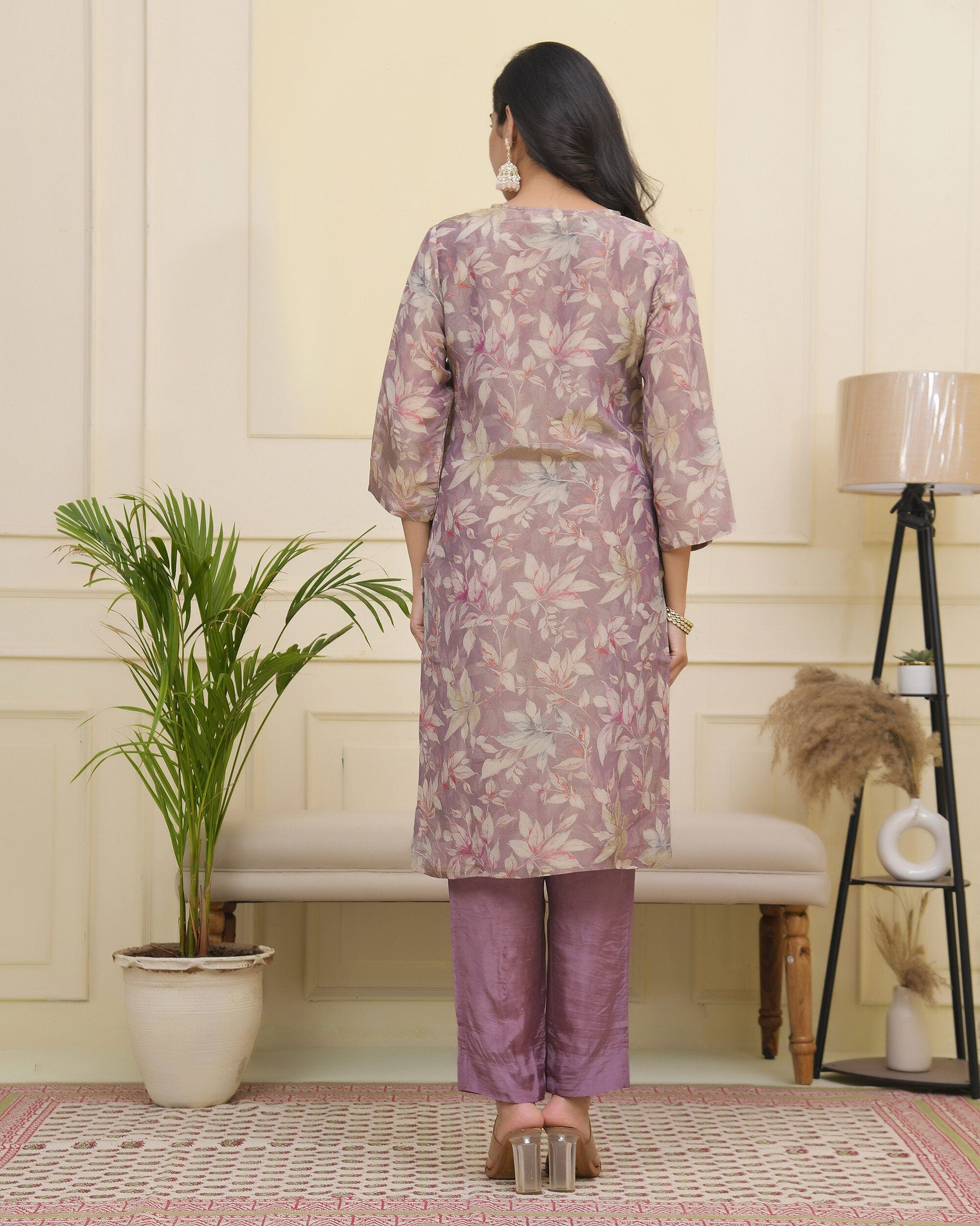 Vaasva Women Lavender Tissue Shimmer Kurta With Silk Pant & Dupatta | Swadesiicart