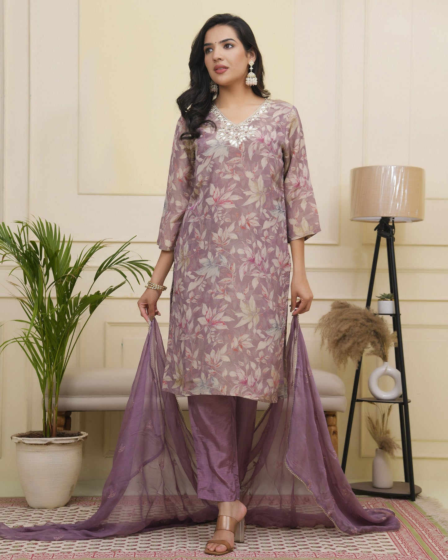 Vaasva Women Lavender Tissue Shimmer Kurta With Silk Pant & Dupatta | Swadesiicart