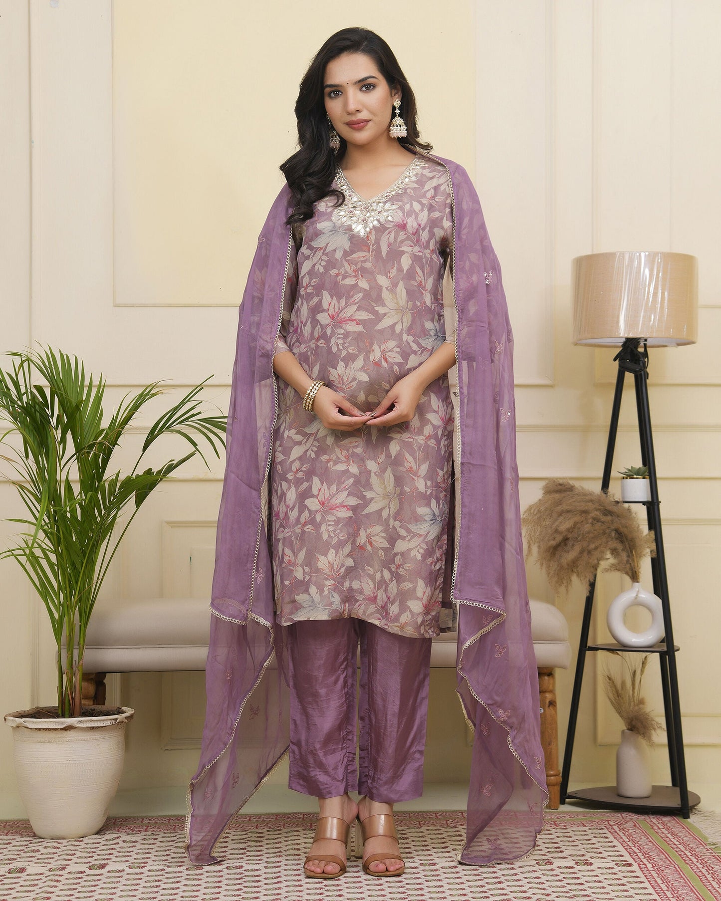 Vaasva Women Lavender Tissue Shimmer Kurta With Silk Pant & Dupatta | Swadesiicart