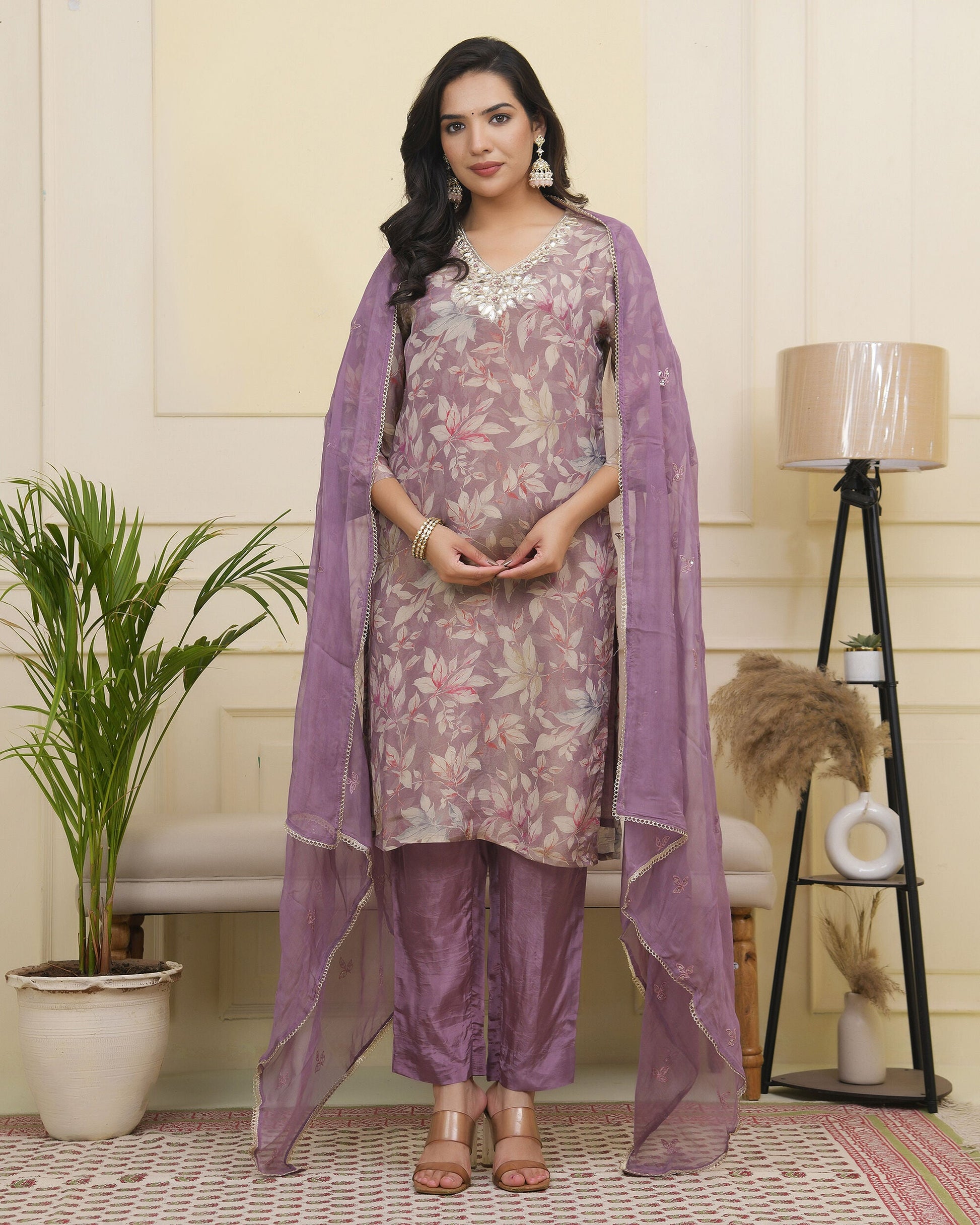 Vaasva Women Lavender Tissue Shimmer Kurta With Silk Pant & Dupatta | Swadesiicart