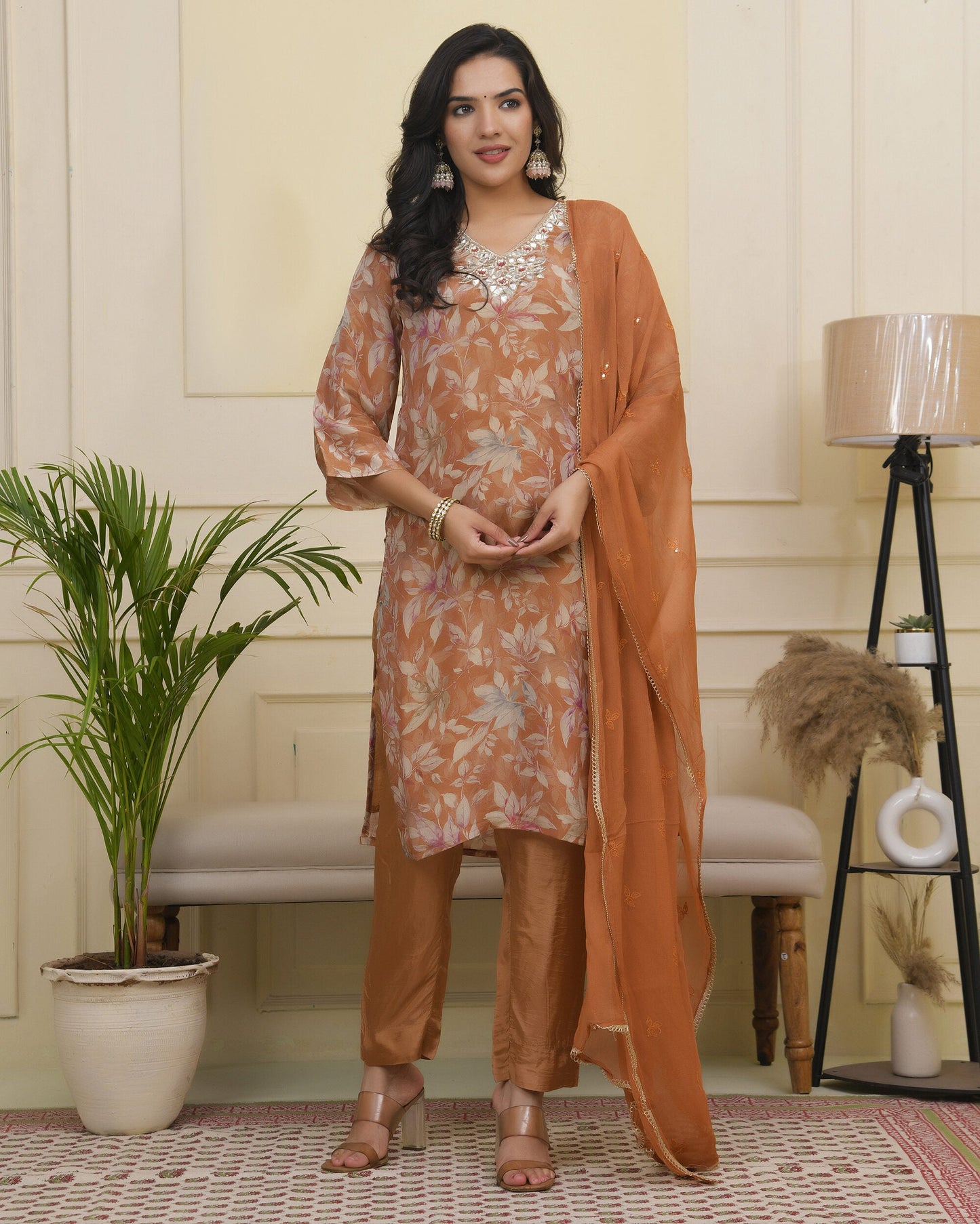 Vaasva Women Rust Tissue Shimmer Kurta With Silk Pant & Dupatta | Swadesiicart