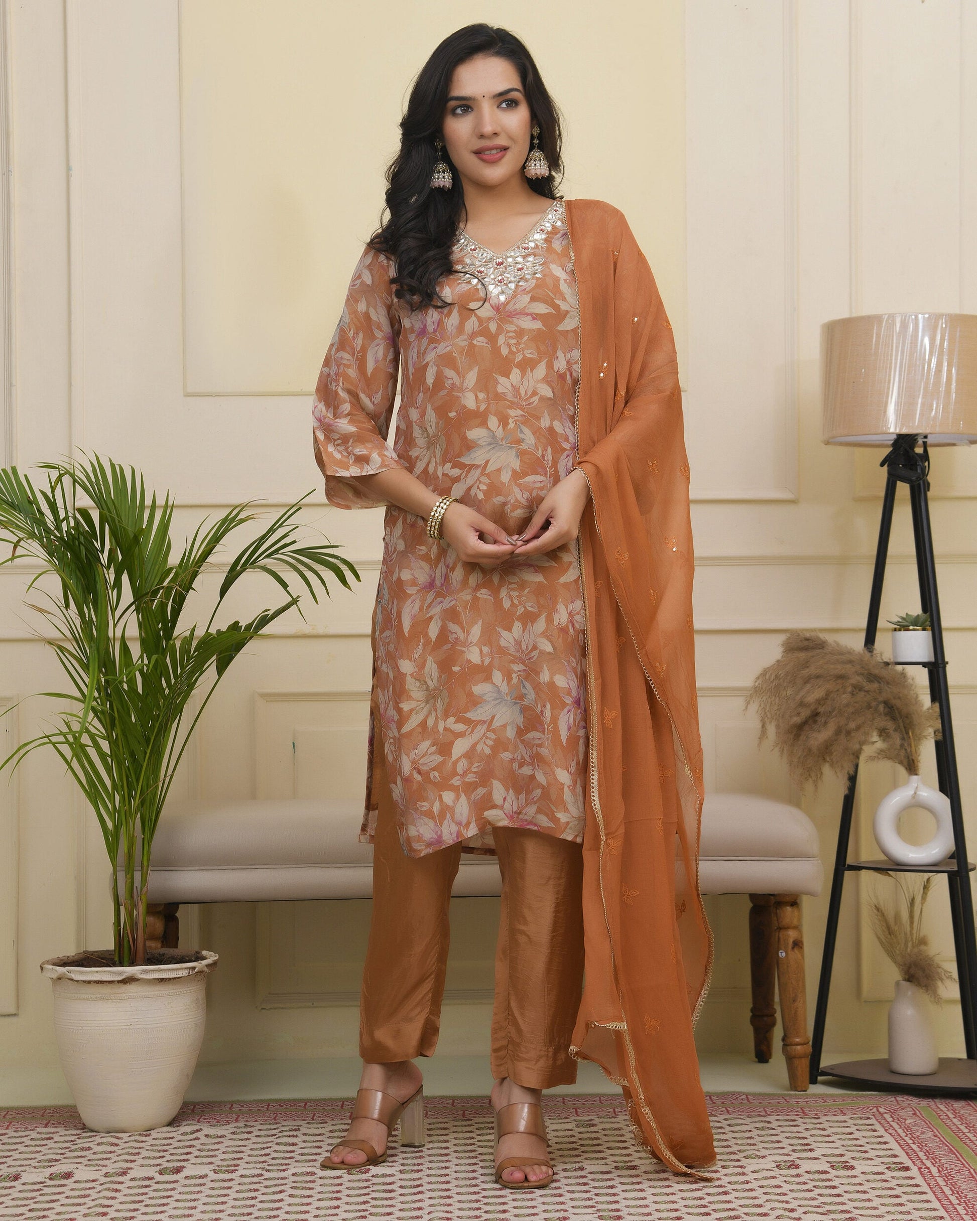 Vaasva Women Rust Tissue Shimmer Kurta With Silk Pant & Dupatta | Swadesiicart
