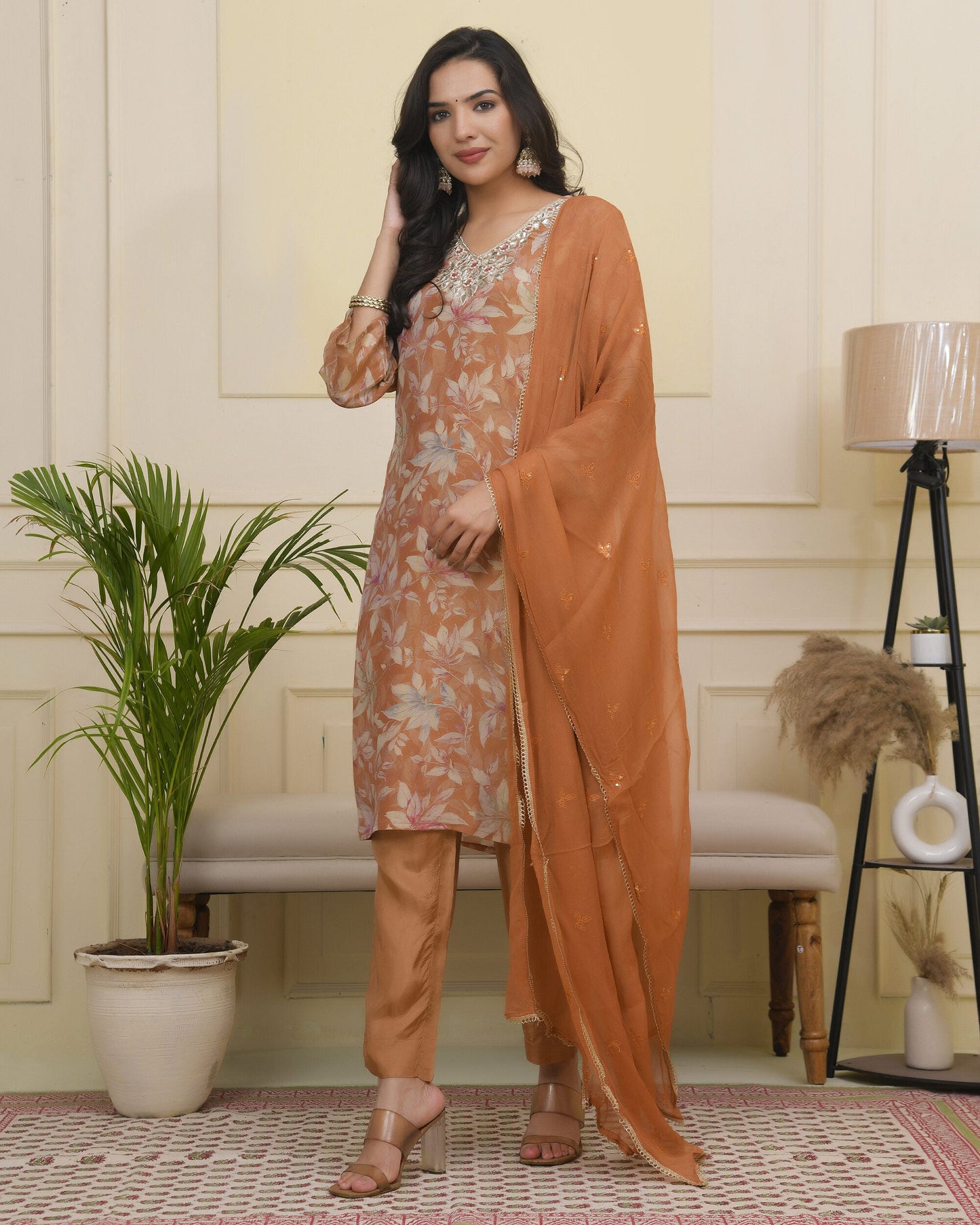 Vaasva Women Rust Tissue Shimmer Kurta With Silk Pant & Dupatta | Swadesiicart