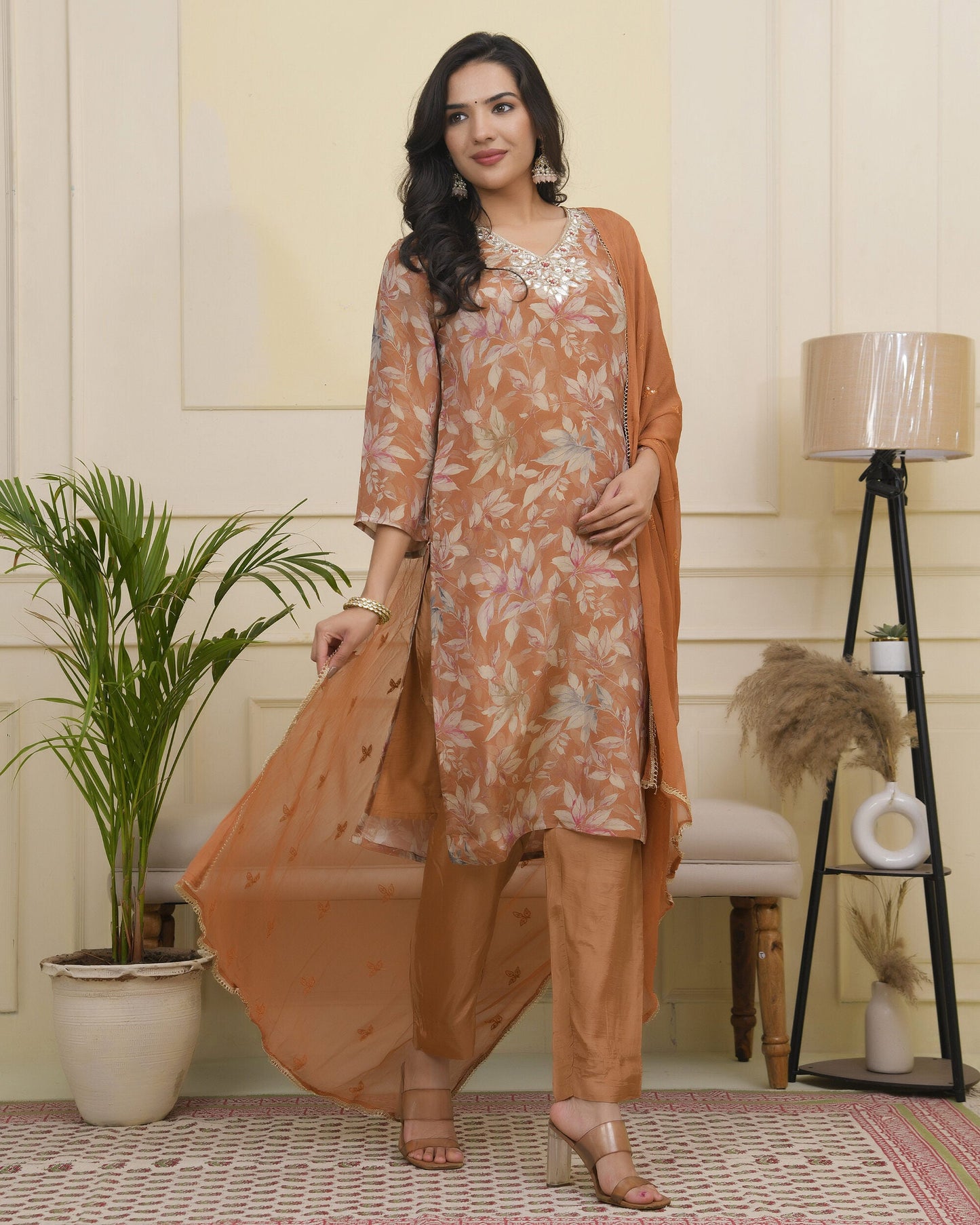 Vaasva Women Rust Tissue Shimmer Kurta With Silk Pant & Dupatta | Swadesiicart
