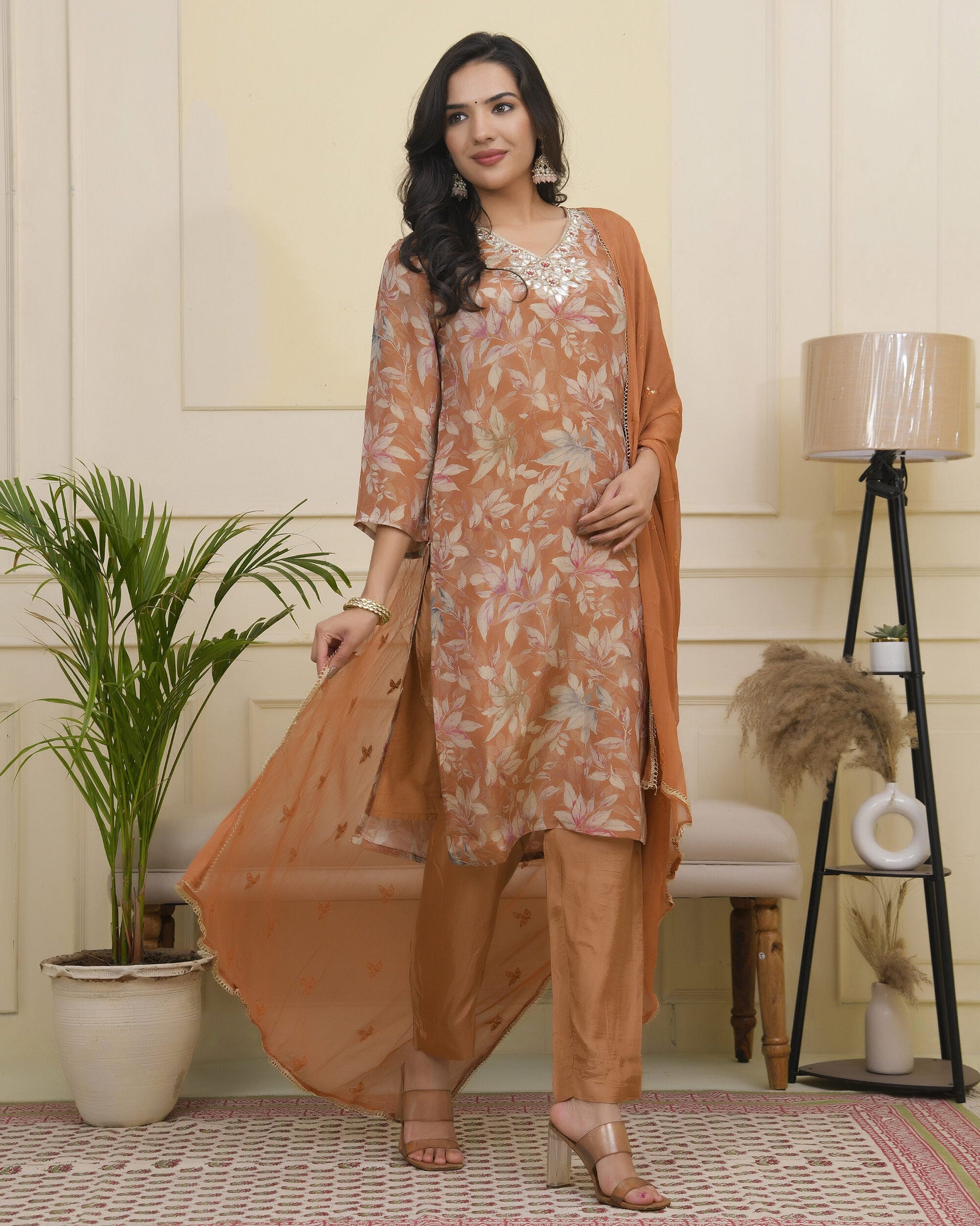 Vaasva Women Rust Tissue Shimmer Kurta With Silk Pant & Dupatta | Swadesiicart