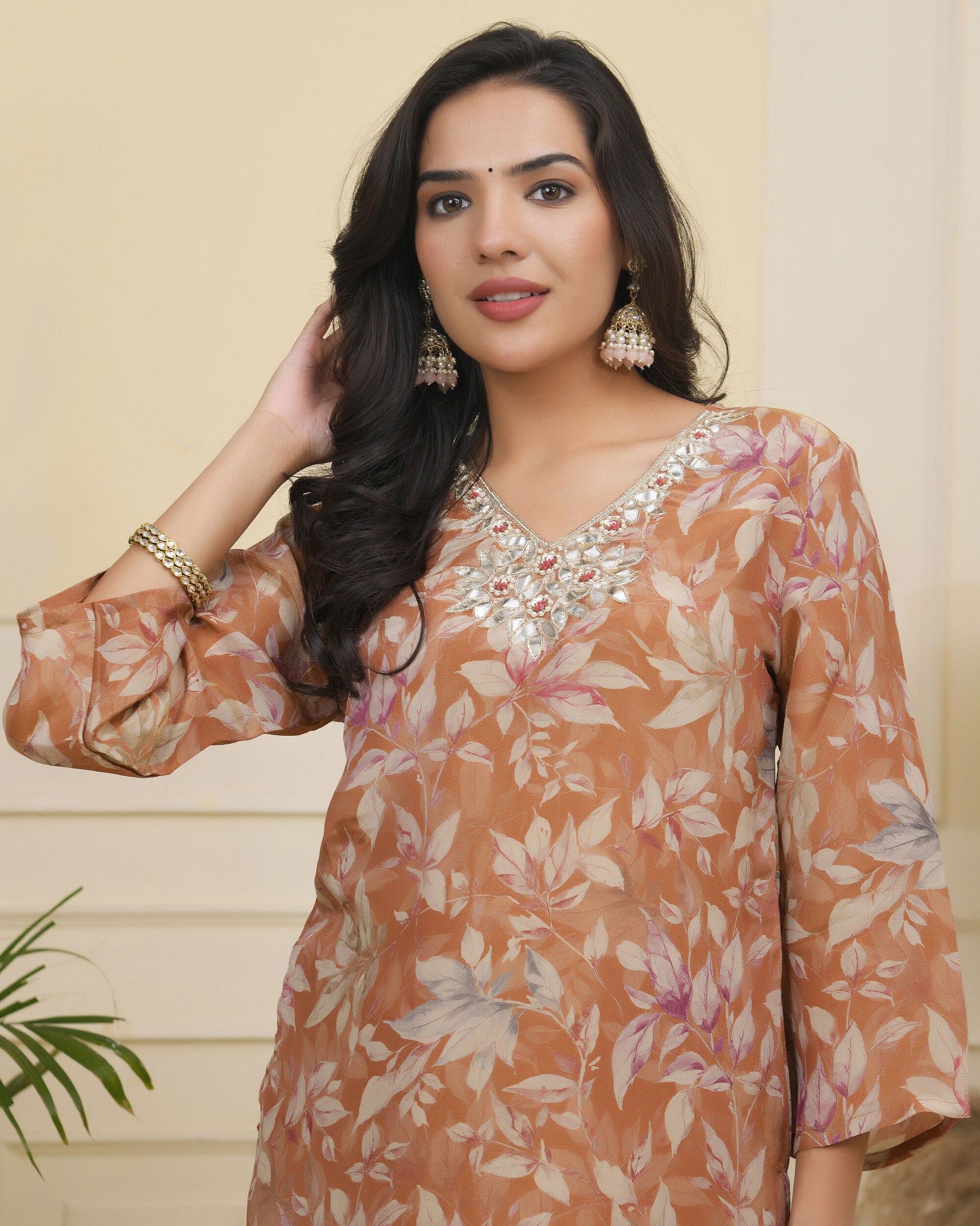 Vaasva Women Rust Tissue Shimmer Kurta With Silk Pant & Dupatta | Swadesiicart
