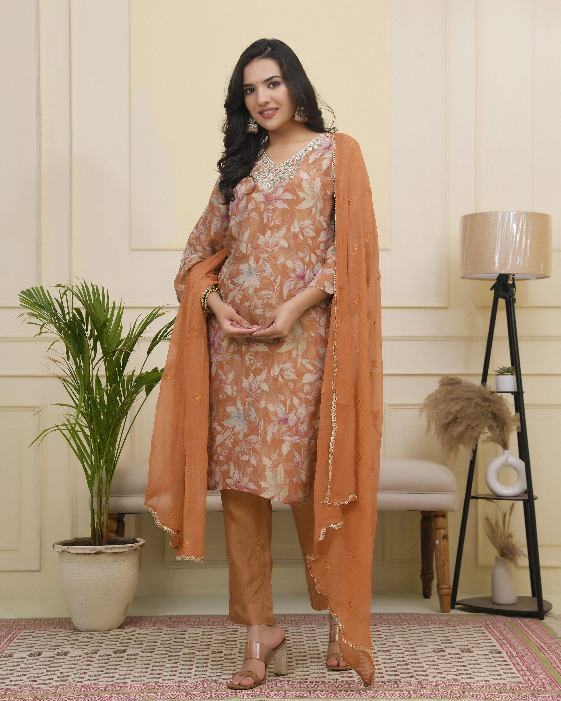 Vaasva Women Rust Tissue Shimmer Kurta With Silk Pant & Dupatta | Swadesiicart