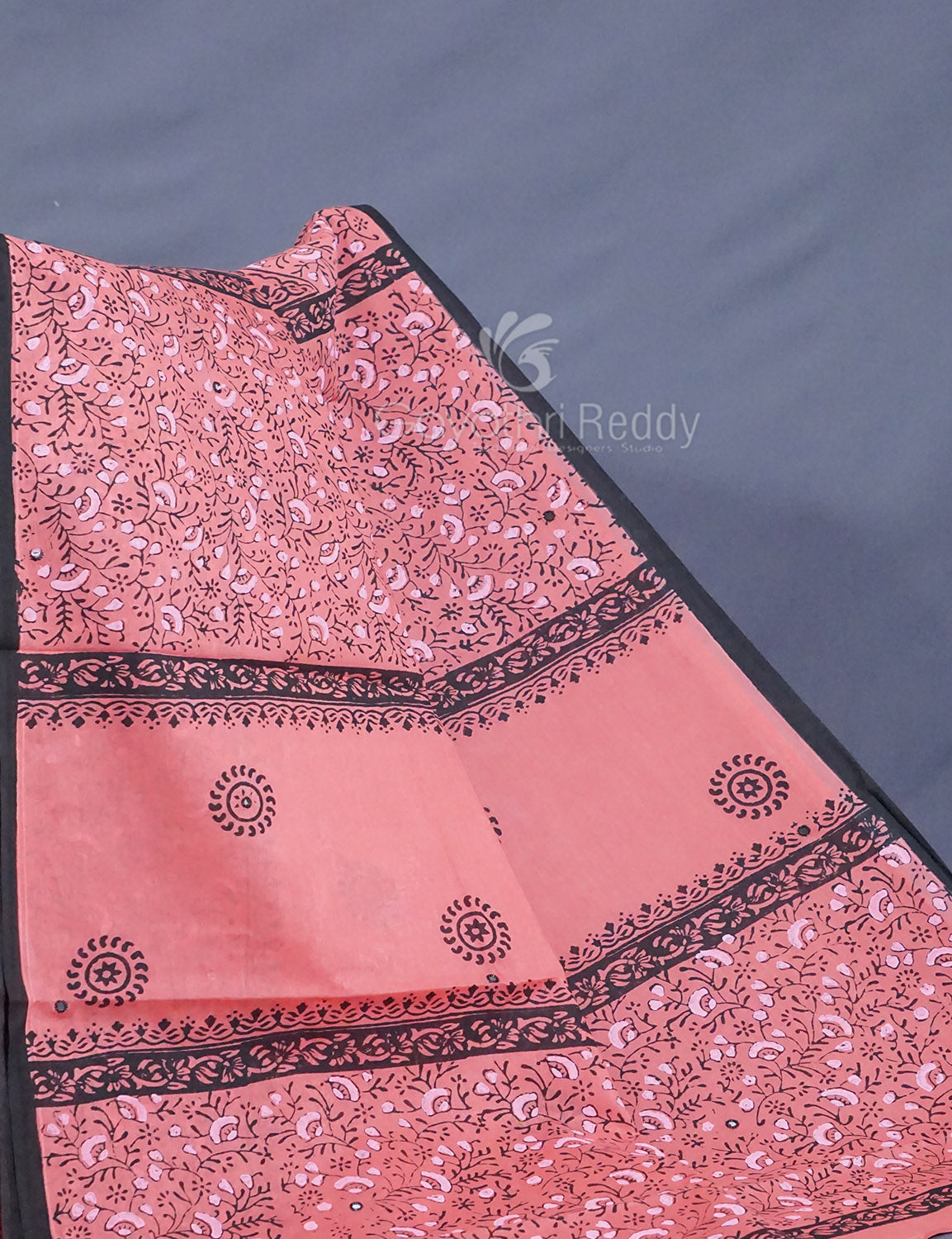 Peach Colour Block Print With Mirron Embroidered Pure Mulmul Cotton Saree By Gayathri Reddy Designer Studio | Swadesiicart