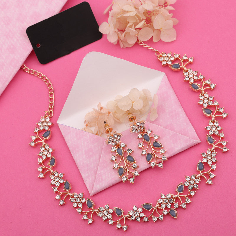 Tehzeeb Creations Rose Gold Pleated White Diamond With Blue Beads Necklace Set - Swadesiicart