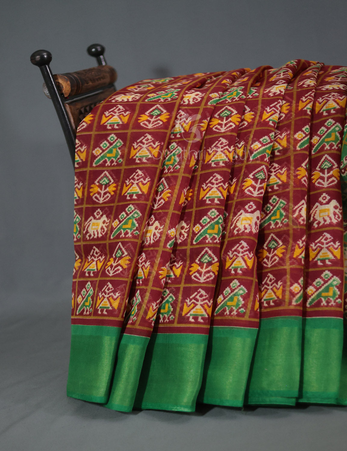 Shades of Maroon And Parrot Green Blouse Patola Print Semi Chanderi Saree By Gayathri Reddy Designer Studio | Swadesiicart
