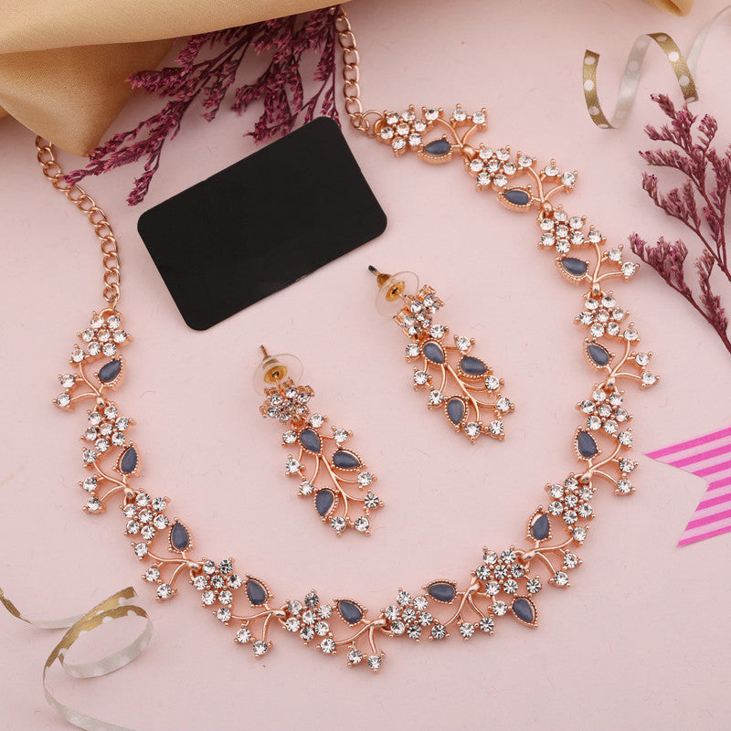 Tehzeeb Creations Rose Gold Pleated White Diamond With Blue Beads Necklace Set - Swadesiicart
