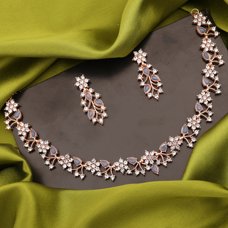 Tehzeeb Creations Rose Gold Pleated White Diamond With Blue Beads Necklace Set - Swadesiicart