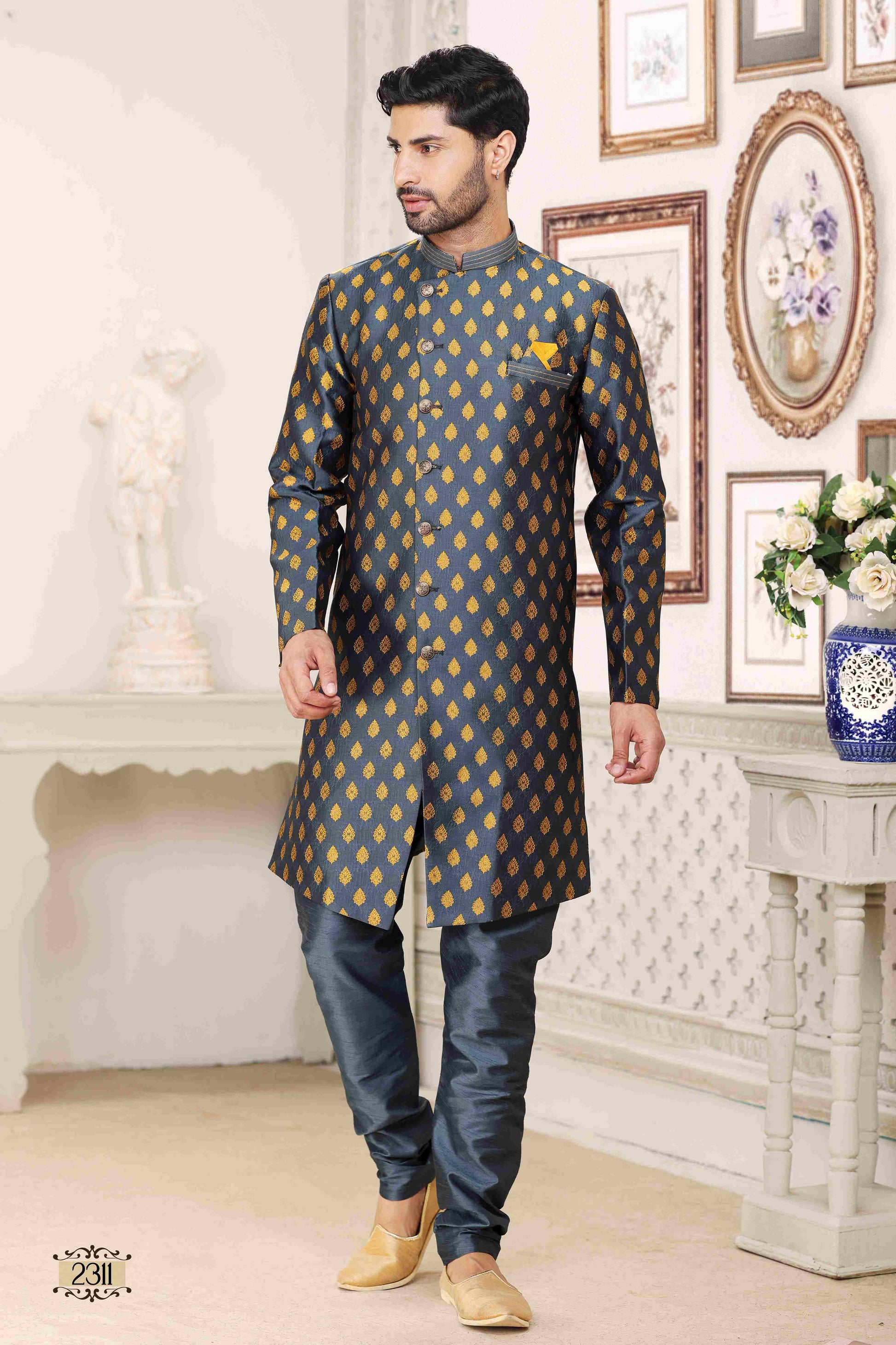 Raivat Ethnic Banarasi Jacquard Embroidery Semi Indo Western Sherwani In Grey Blue Colour | Swadesiicart