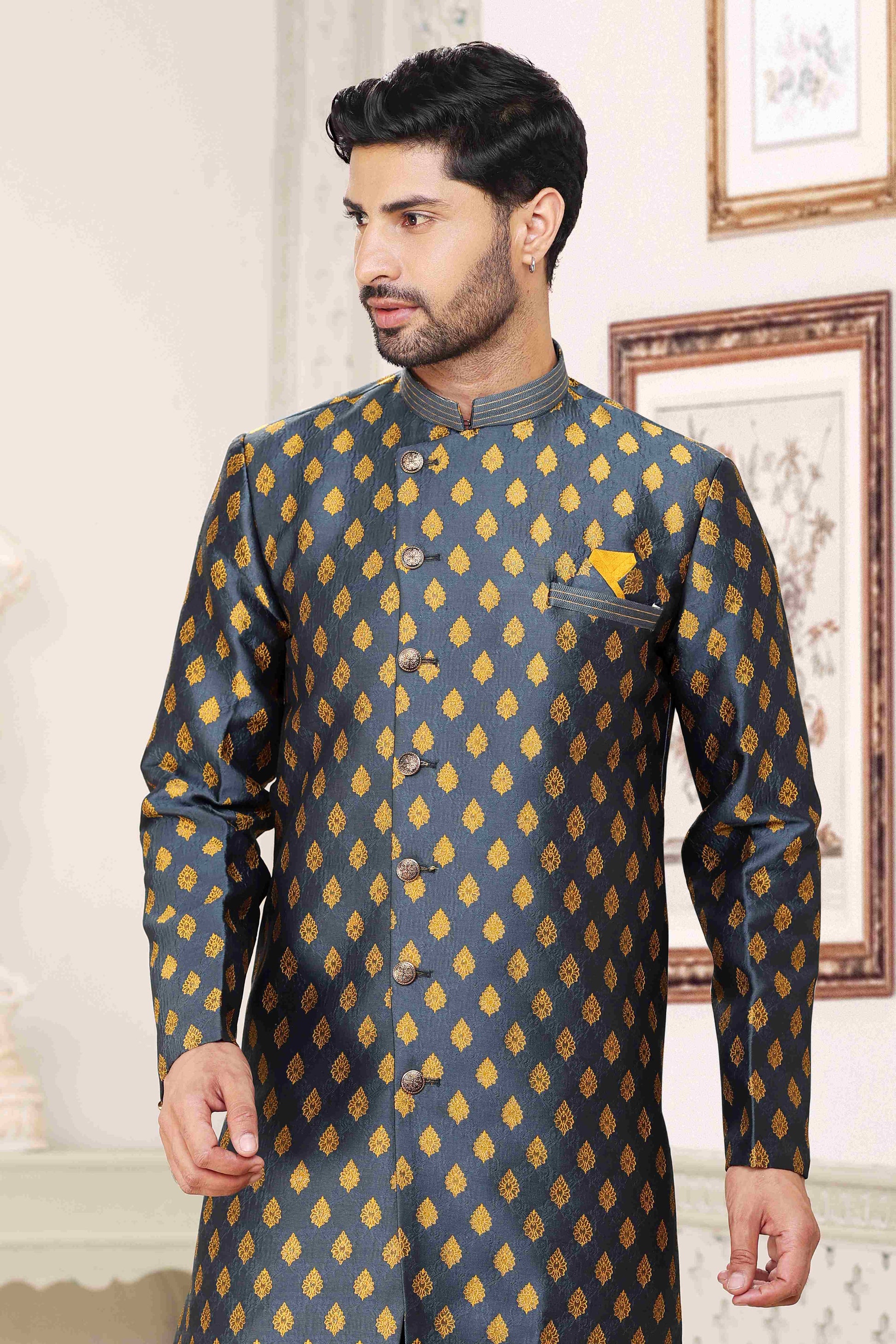 Raivat Ethnic Banarasi Jacquard Embroidery Semi Indo Western Sherwani In Grey Blue Colour | Swadesiicart