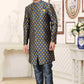 Raivat Ethnic Banarasi Jacquard Embroidery Semi Indo Western Sherwani In Grey Blue Colour | Swadesiicart