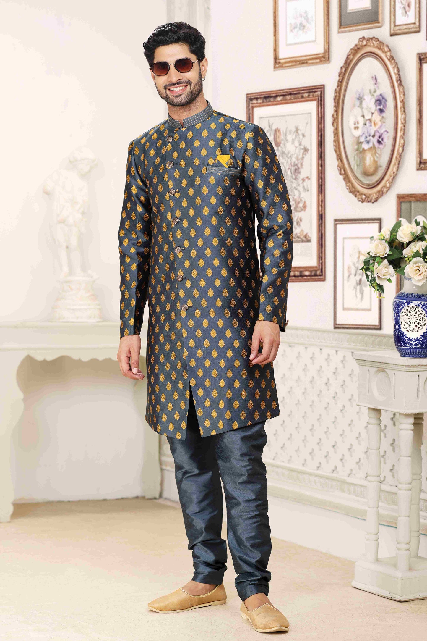 Raivat Ethnic Banarasi Jacquard Embroidery Semi Indo Western Sherwani In Grey Blue Colour | Swadesiicart