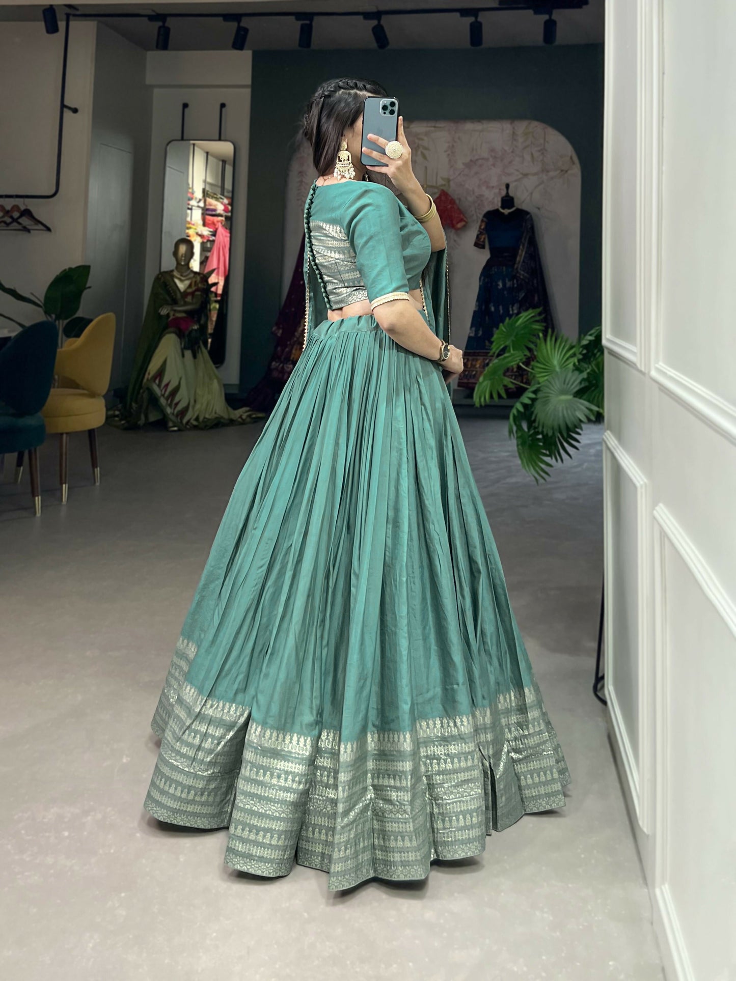 Lorenvalley Seagreen Pure Chanderi Plain With Zari Weaving Work Border Lehenga Choli | Swadesiicart
