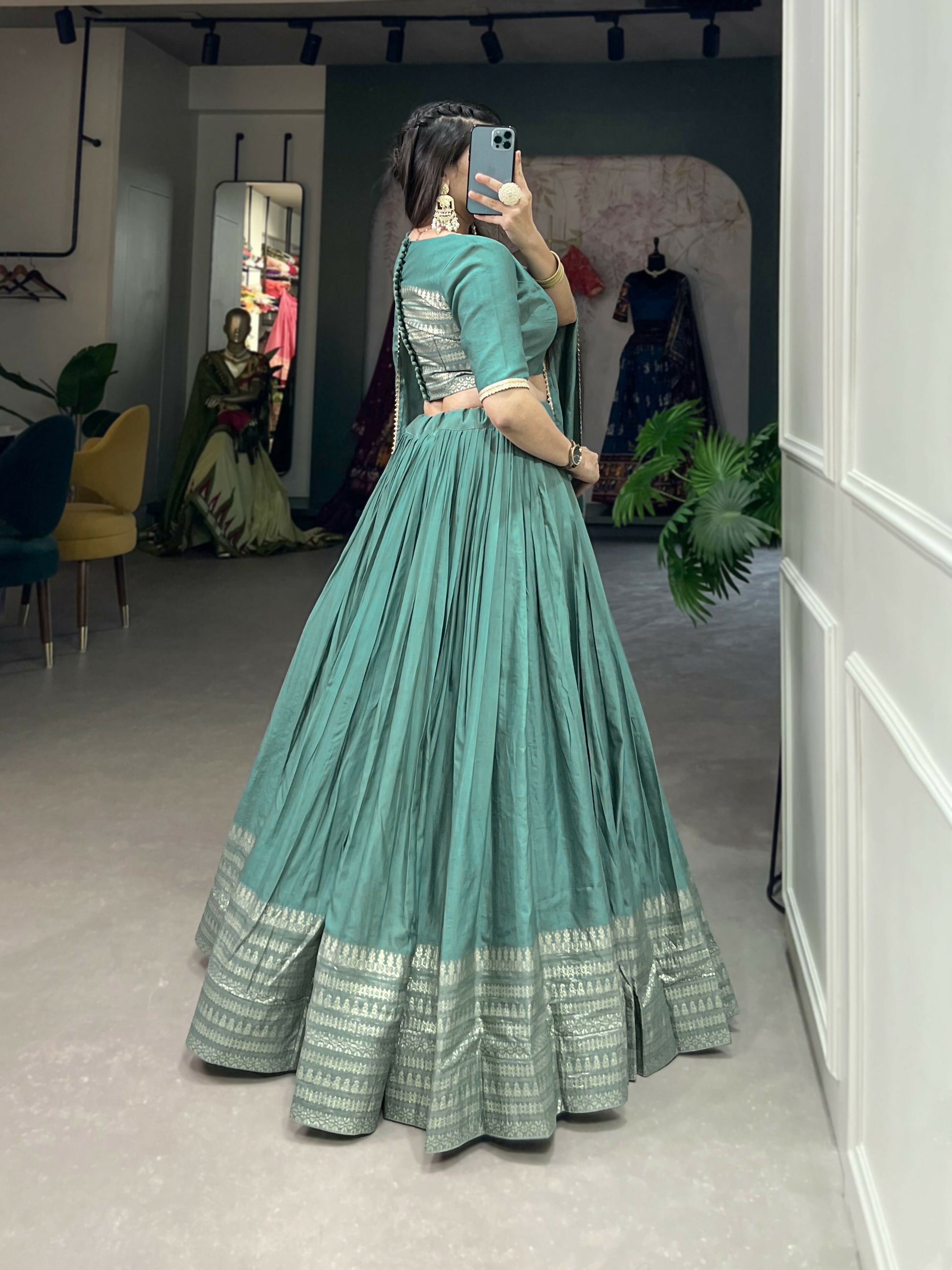 Lorenvalley Seagreen Pure Chanderi Plain With Zari Weaving Work Border Lehenga Choli | Swadesiicart