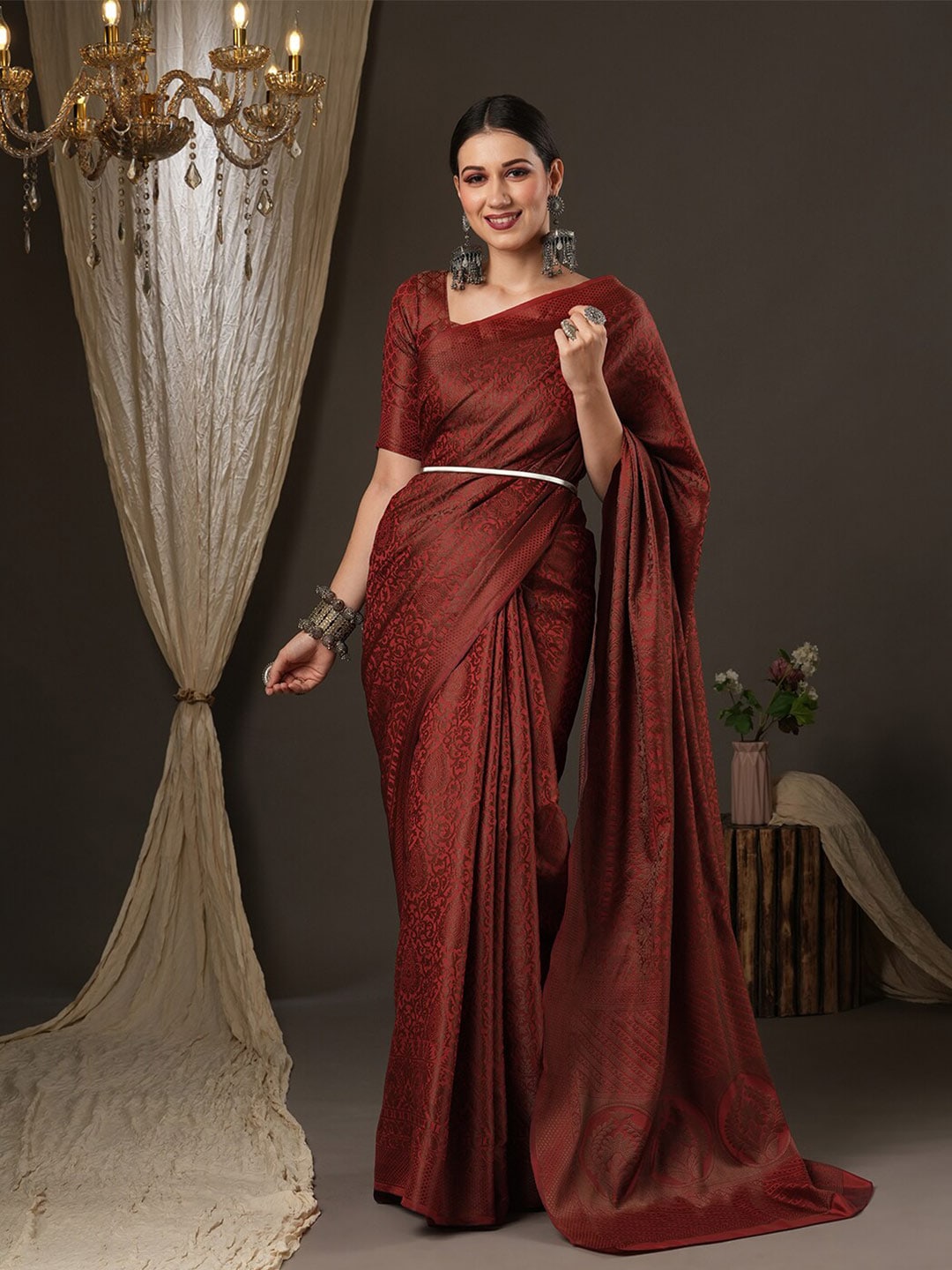 Saree Mall Maroon Woven Design Zari Silk Blend Banarasi Sarees | Swadesiicart