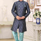 Raivat Ethnic Banarasi Jacquard Embroidery Semi Indo Western Sherwani In Blue Colour | Swadesiicart