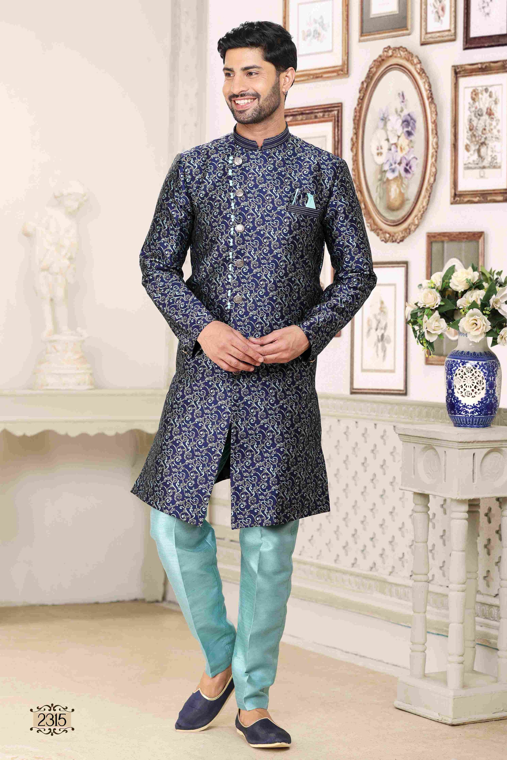 Raivat Ethnic Banarasi Jacquard Embroidery Semi Indo Western Sherwani In Blue Colour | Swadesiicart