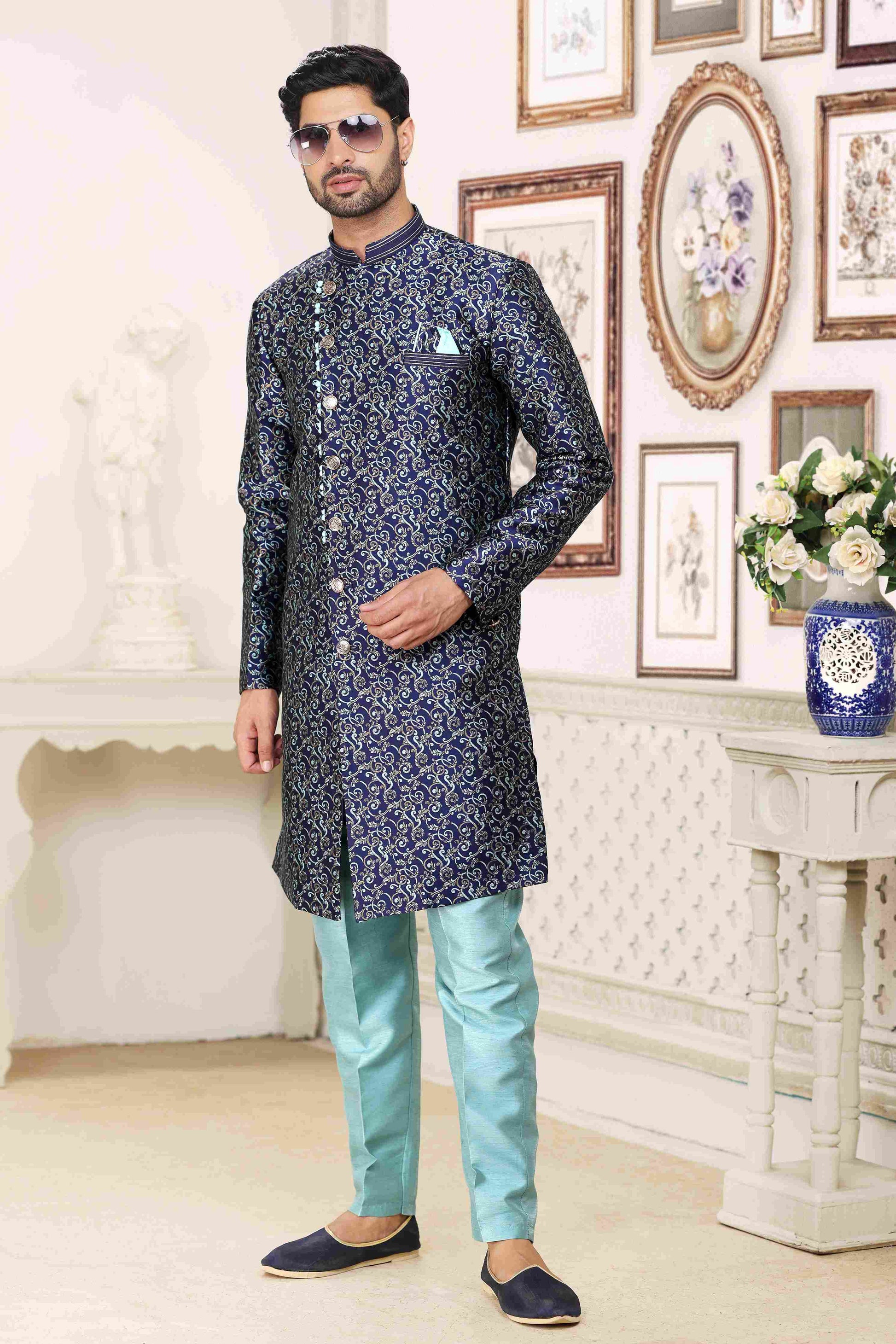 Raivat Ethnic Banarasi Jacquard Embroidery Semi Indo Western Sherwani In Blue Colour | Swadesiicart