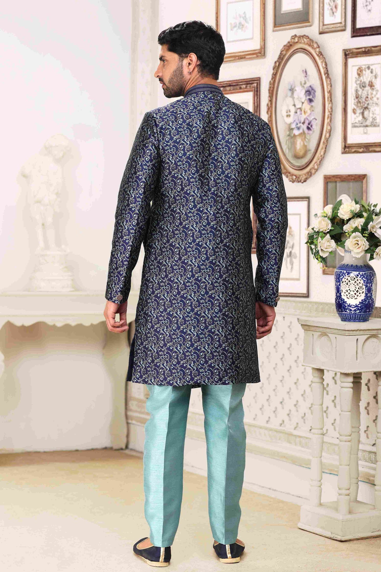 Raivat Ethnic Banarasi Jacquard Embroidery Semi Indo Western Sherwani In Blue Colour | Swadesiicart