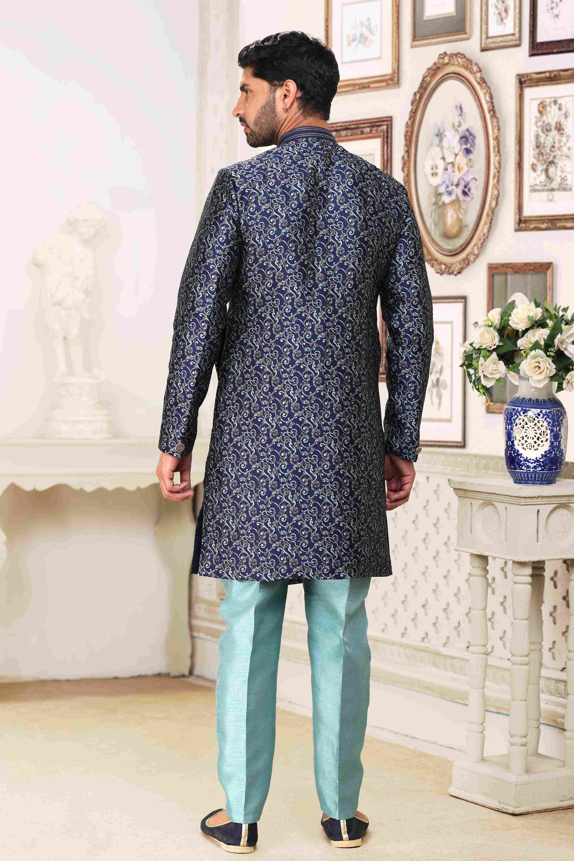 Raivat Ethnic Banarasi Jacquard Embroidery Semi Indo Western Sherwani In Blue Colour | Swadesiicart