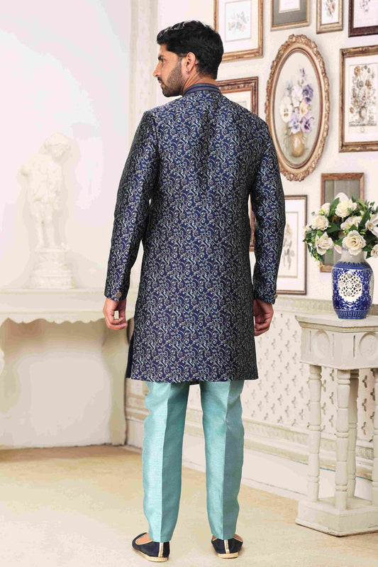 Raivat Ethnic Banarasi Jacquard Embroidery Semi Indo Western Sherwani In Blue Colour | Swadesiicart