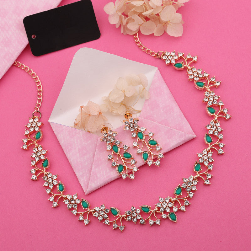 Tehzeeb Creations Rose Gold Pleated White Diamond With Green Beads Necklace Set - Swadesiicart