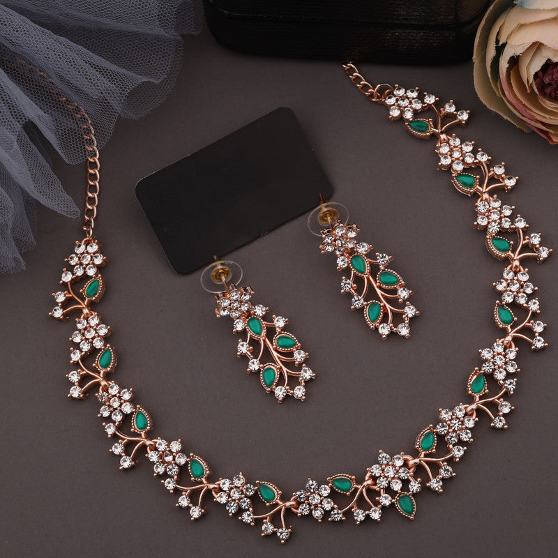 Tehzeeb Creations Rose Gold Pleated White Diamond With Green Beads Necklace Set - Swadesiicart