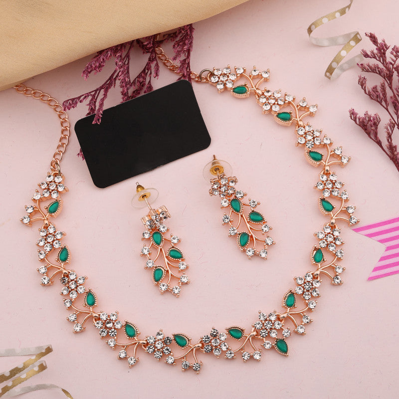 Tehzeeb Creations Rose Gold Pleated White Diamond With Green Beads Necklace Set - Swadesiicart