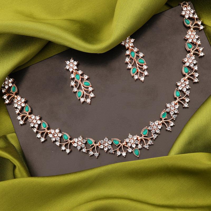 Tehzeeb Creations Rose Gold Pleated White Diamond With Green Beads Necklace Set - Swadesiicart