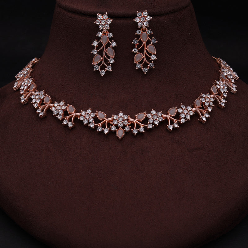 Tehzeeb Creations Rose Gold Pleated White Diamond With Gray Beads Necklace Set - Swadesiicart