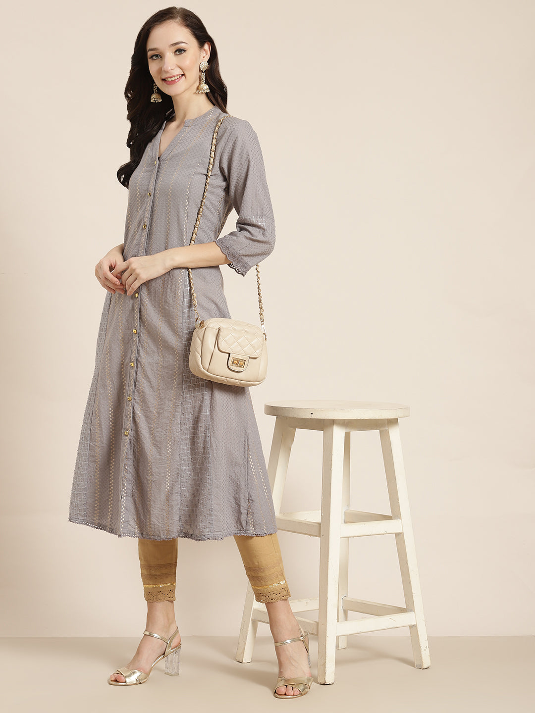 Juniper Womens Grey Cotton Dobby Kalidar Kurta - Swadesiicart