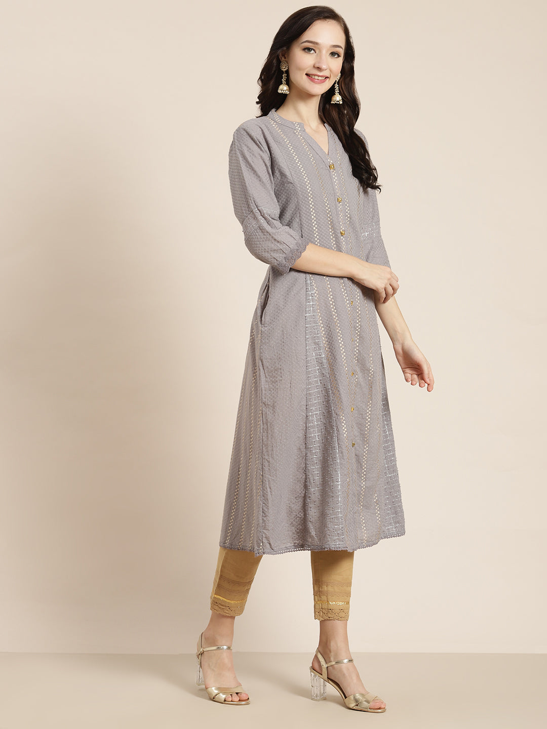 Juniper Womens Grey Cotton Dobby Kalidar Kurta - Swadesiicart