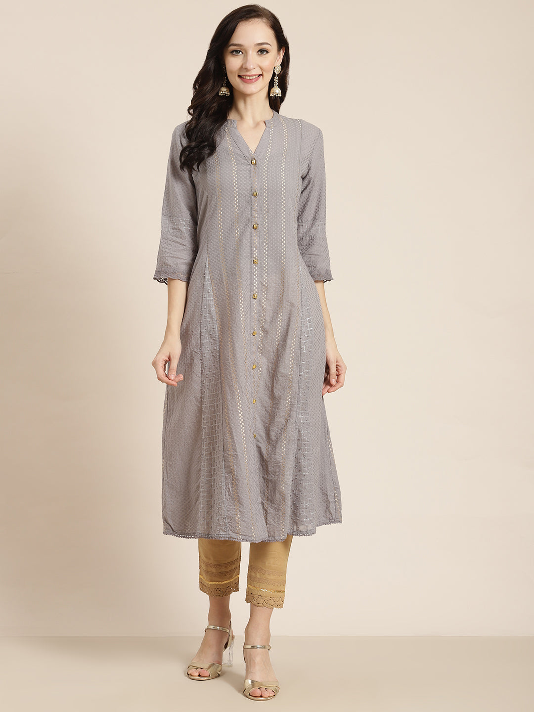 Juniper Womens Grey Cotton Dobby Kalidar Kurta - Swadesiicart