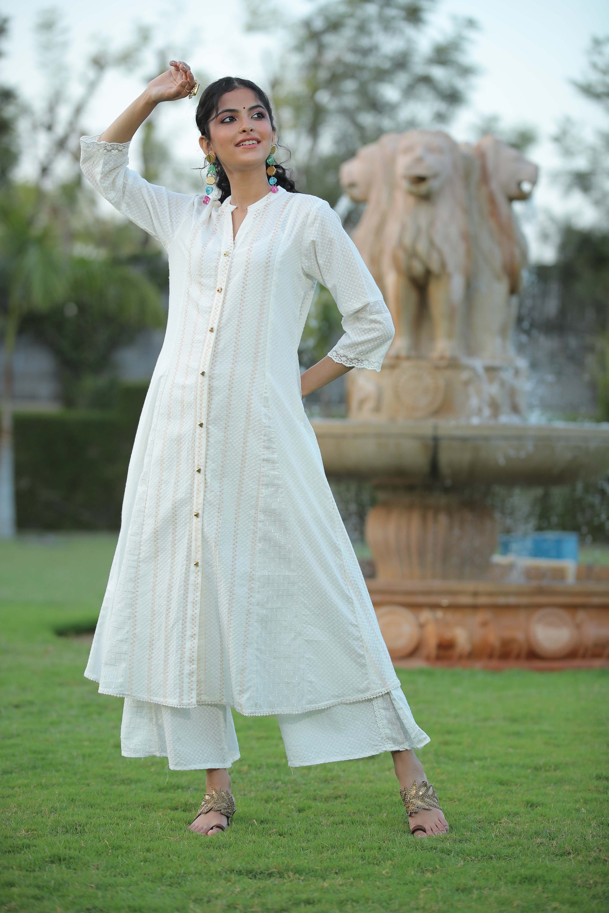 Juniper Womens White Cotton Dobby Kalidar Kurta - Swadesiicart