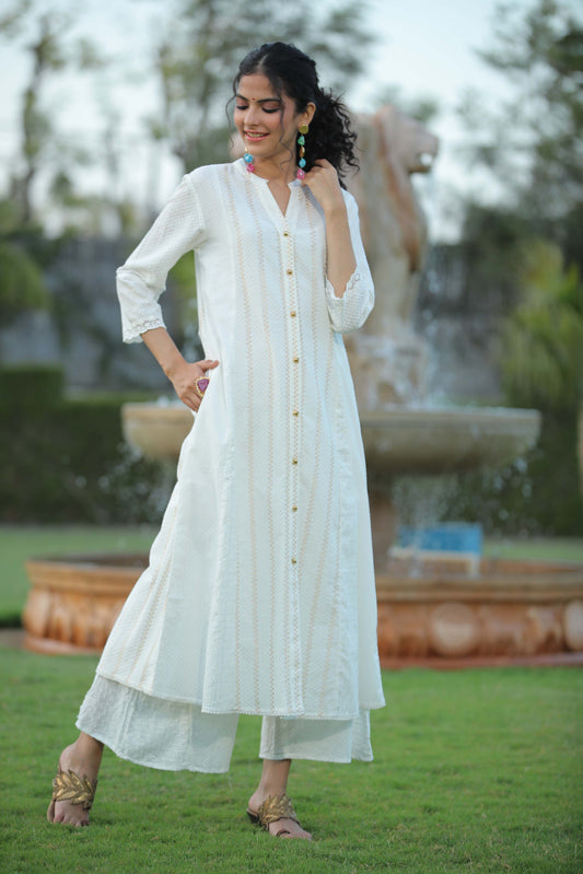 Juniper Womens White Cotton Dobby Kalidar Kurta - Swadesiicart