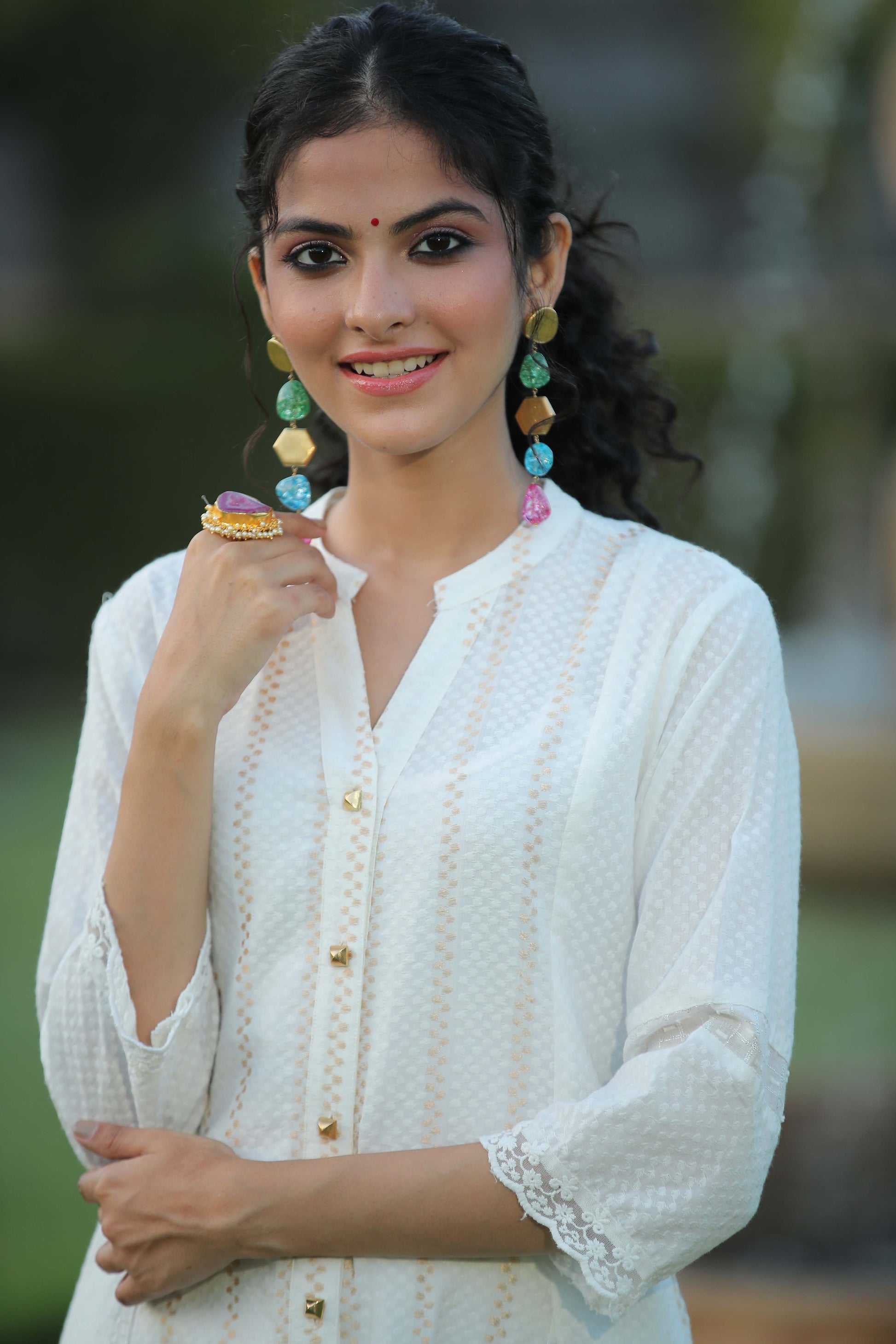Juniper Womens White Cotton Dobby Kalidar Kurta - Swadesiicart