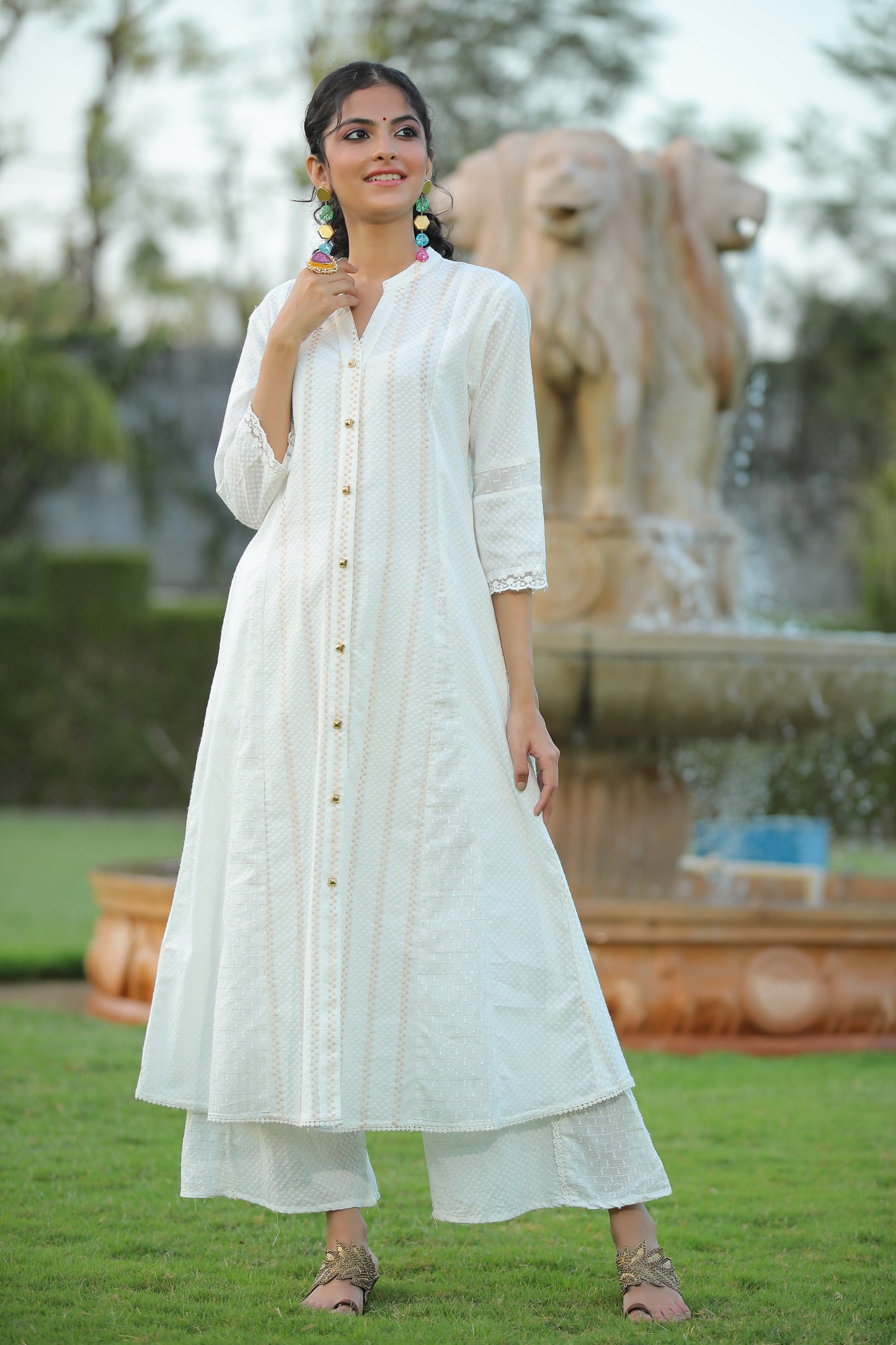 Juniper Womens White Cotton Dobby Kalidar Kurta - Swadesiicart