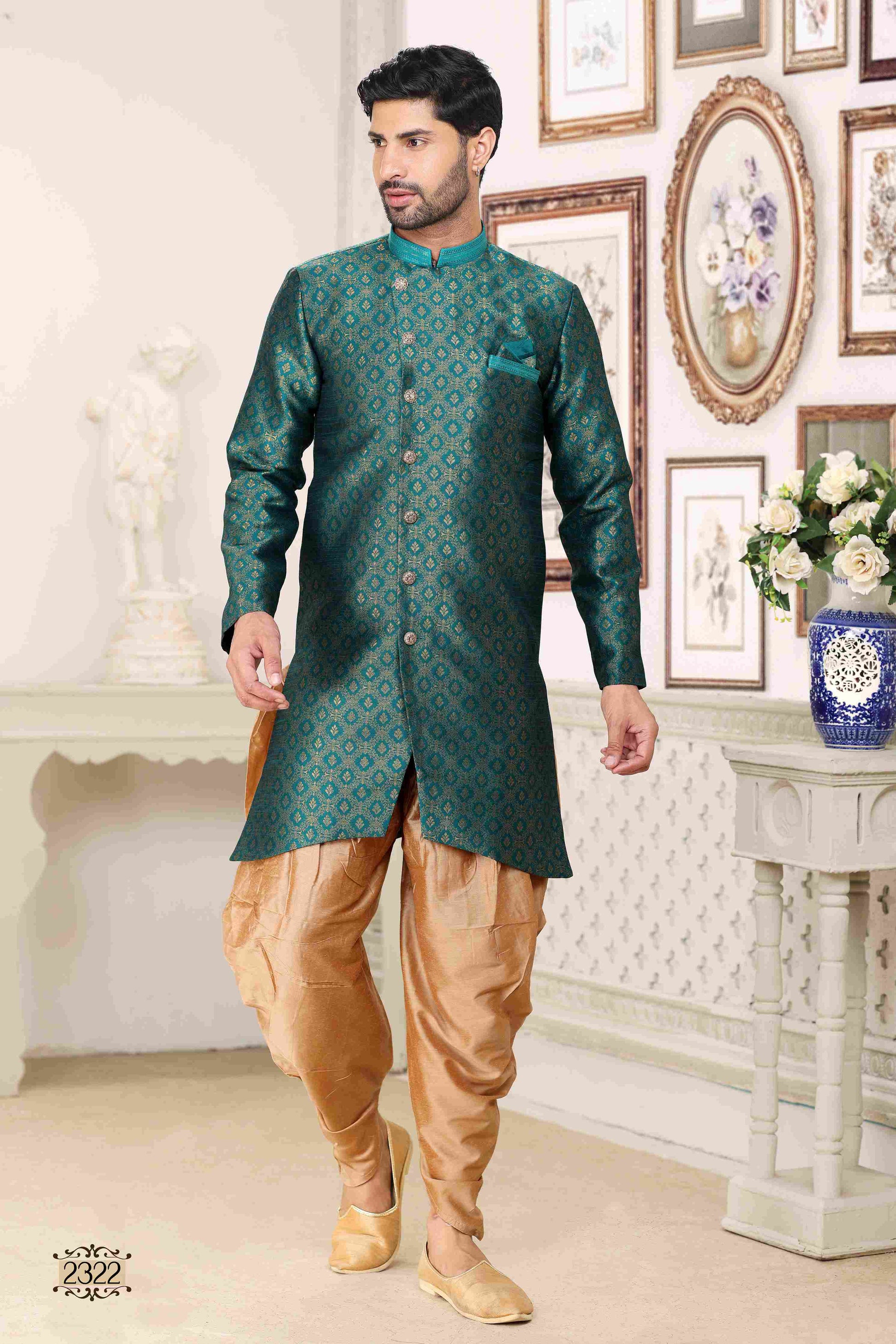 Raivat Ethnic Banarasi Jacquard Embroidery Semi Indo Western Sherwani In Green Colour | Swadesiicart