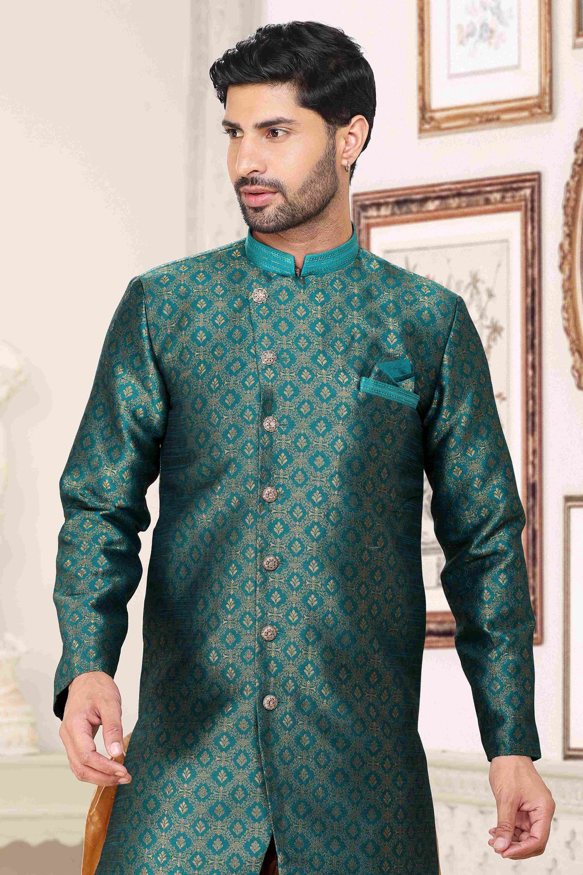 Raivat Ethnic Banarasi Jacquard Embroidery Semi Indo Western Sherwani In Green Colour | Swadesiicart