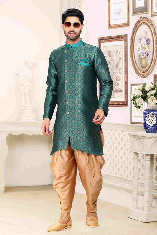 Raivat Ethnic Banarasi Jacquard Embroidery Semi Indo Western Sherwani In Green Colour | Swadesiicart