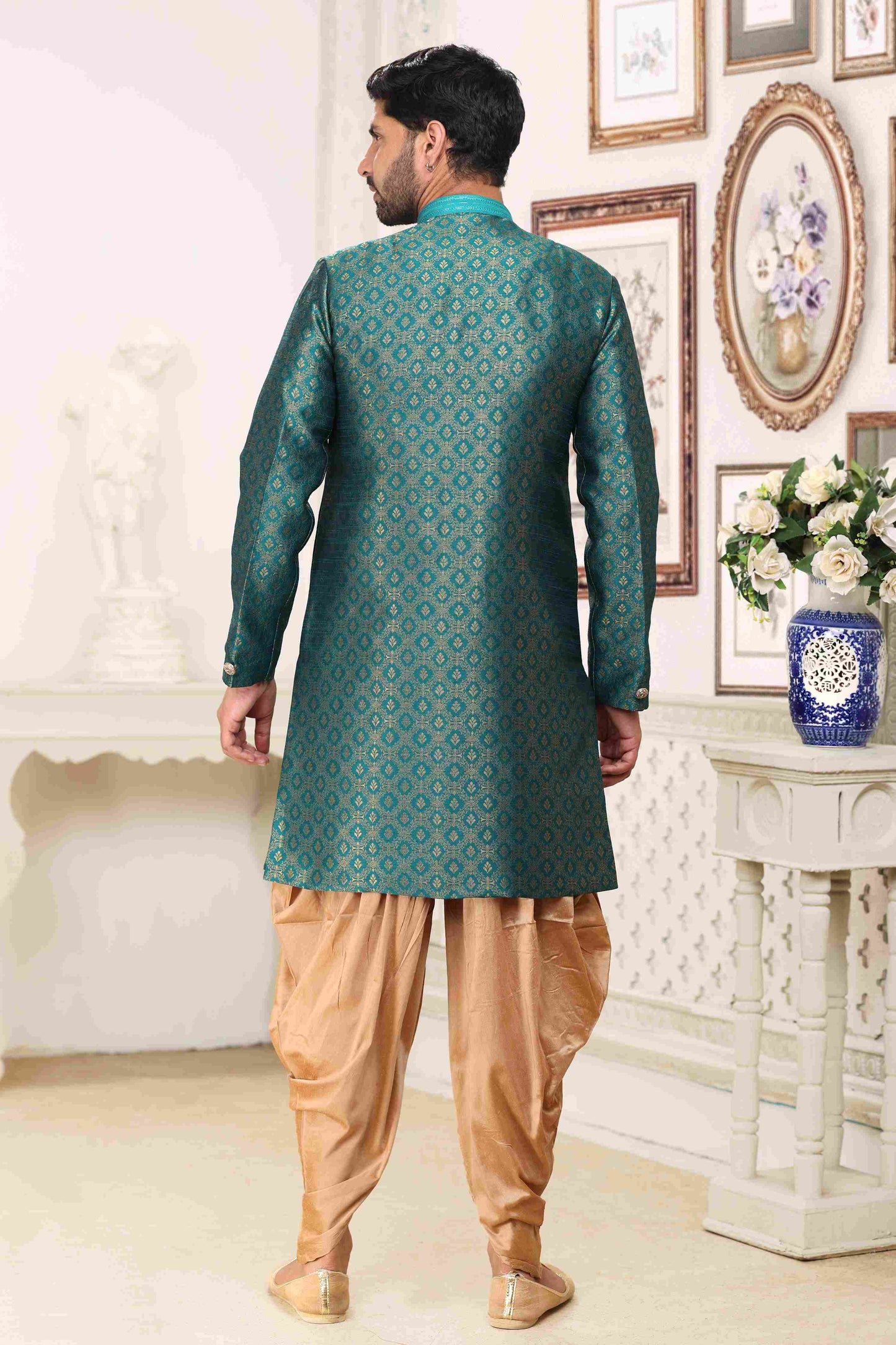 Raivat Ethnic Banarasi Jacquard Embroidery Semi Indo Western Sherwani In Green Colour | Swadesiicart