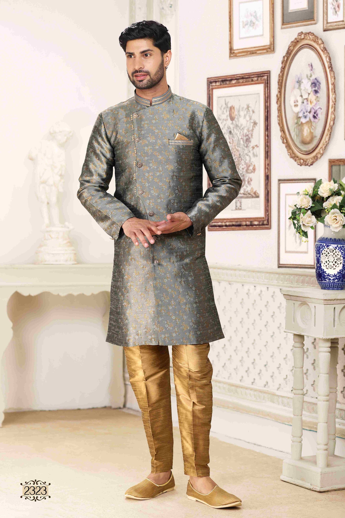 Raivat Ethnic Banarasi Jacquard Embroidery Semi Indo Western Sherwani In Grey Colour | Swadesiicart