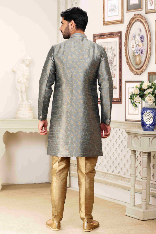 Raivat Ethnic Banarasi Jacquard Embroidery Semi Indo Western Sherwani In Grey Colour | Swadesiicart