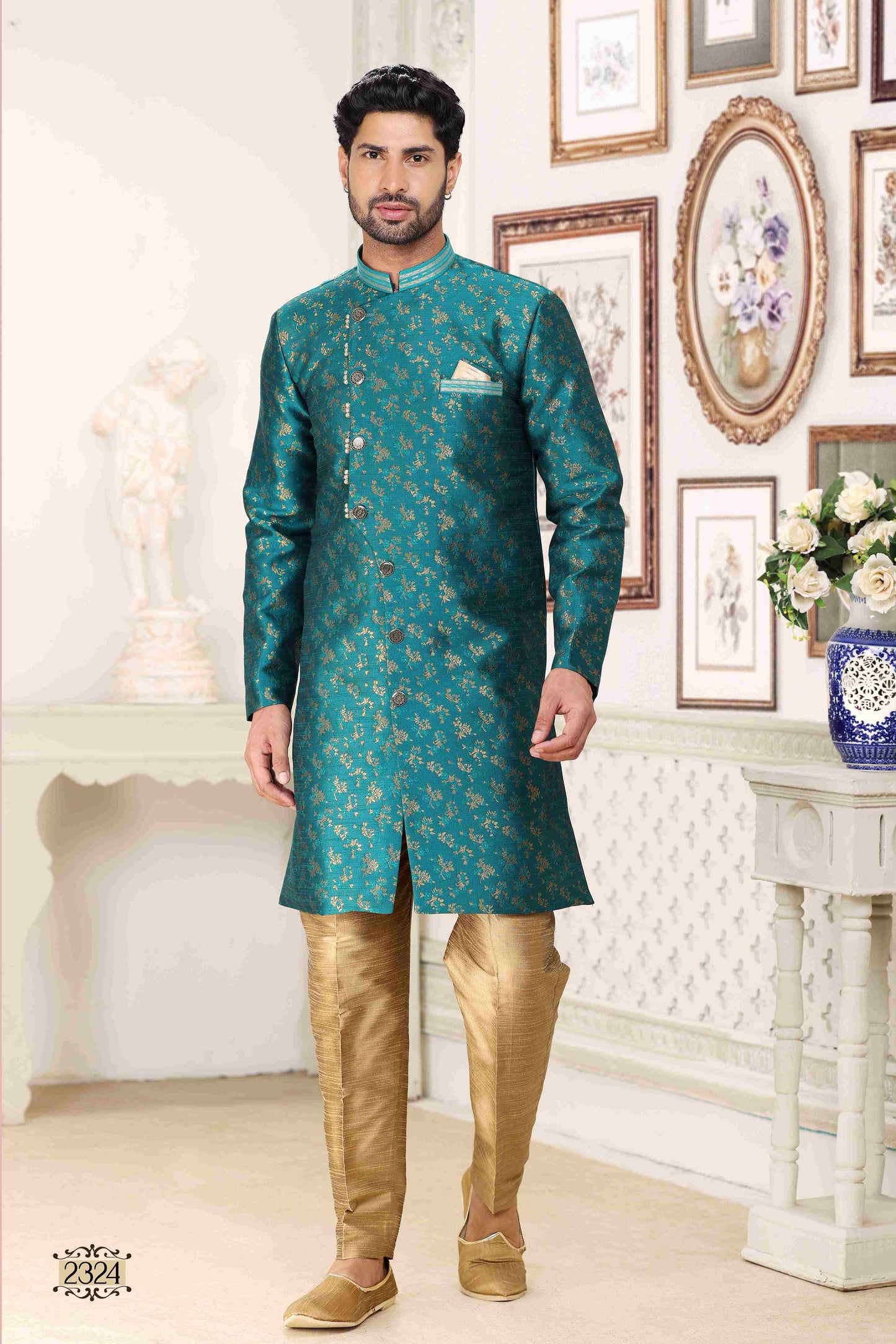 Raivat Ethnic Banarasi Jacquard Embroidery Semi Indo Western Sherwani In Green Colour | Swadesiicart