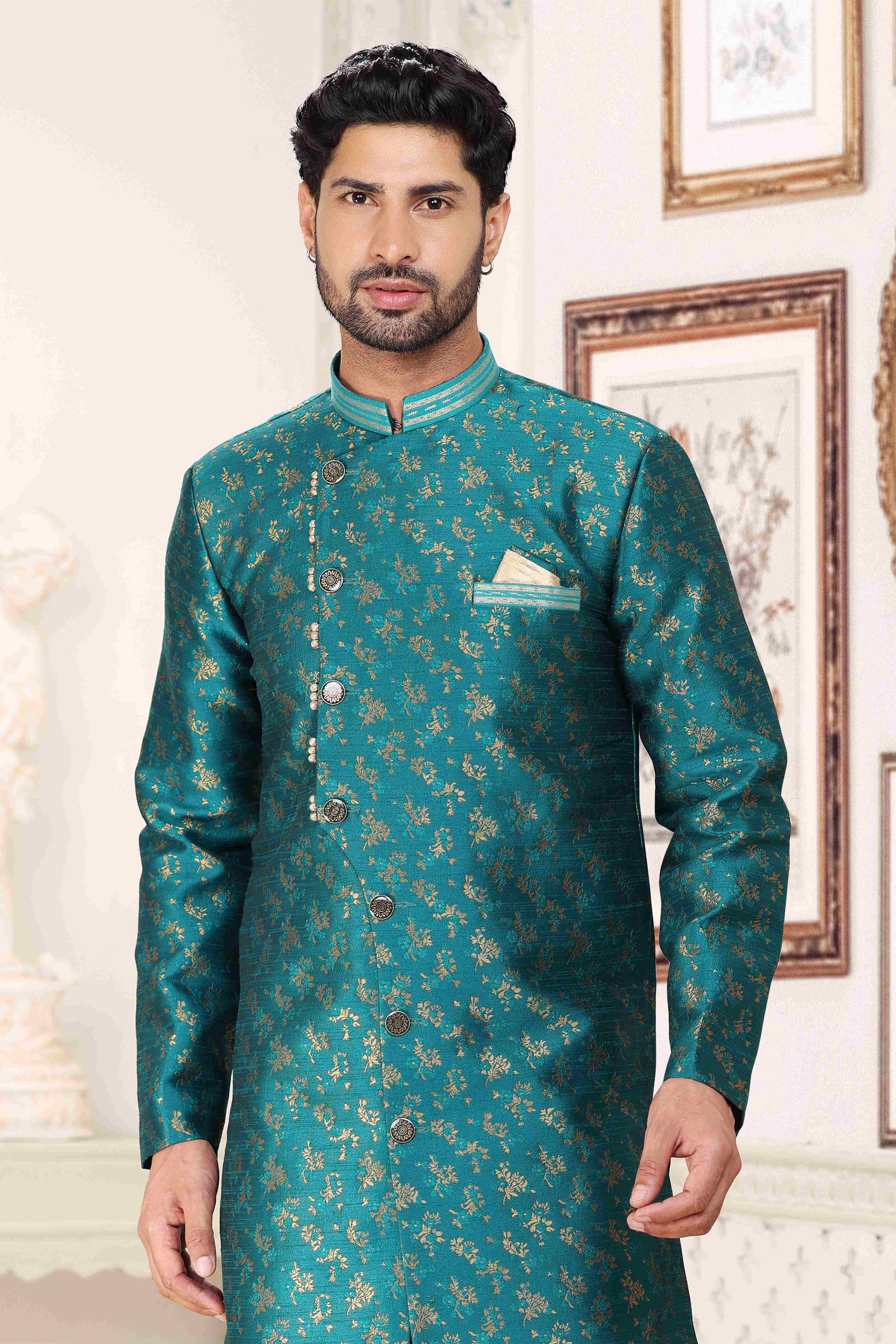 Raivat Ethnic Banarasi Jacquard Embroidery Semi Indo Western Sherwani In Green Colour | Swadesiicart