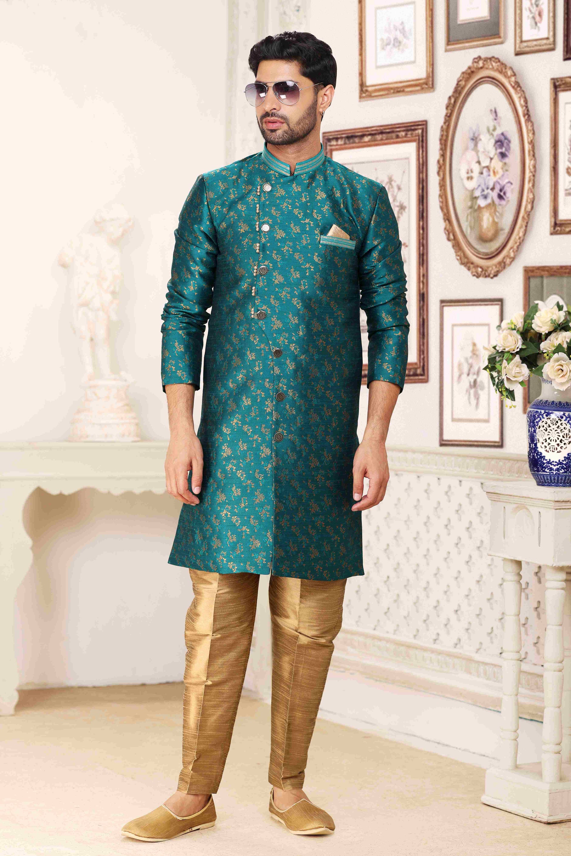 Raivat Ethnic Banarasi Jacquard Embroidery Semi Indo Western Sherwani In Green Colour | Swadesiicart